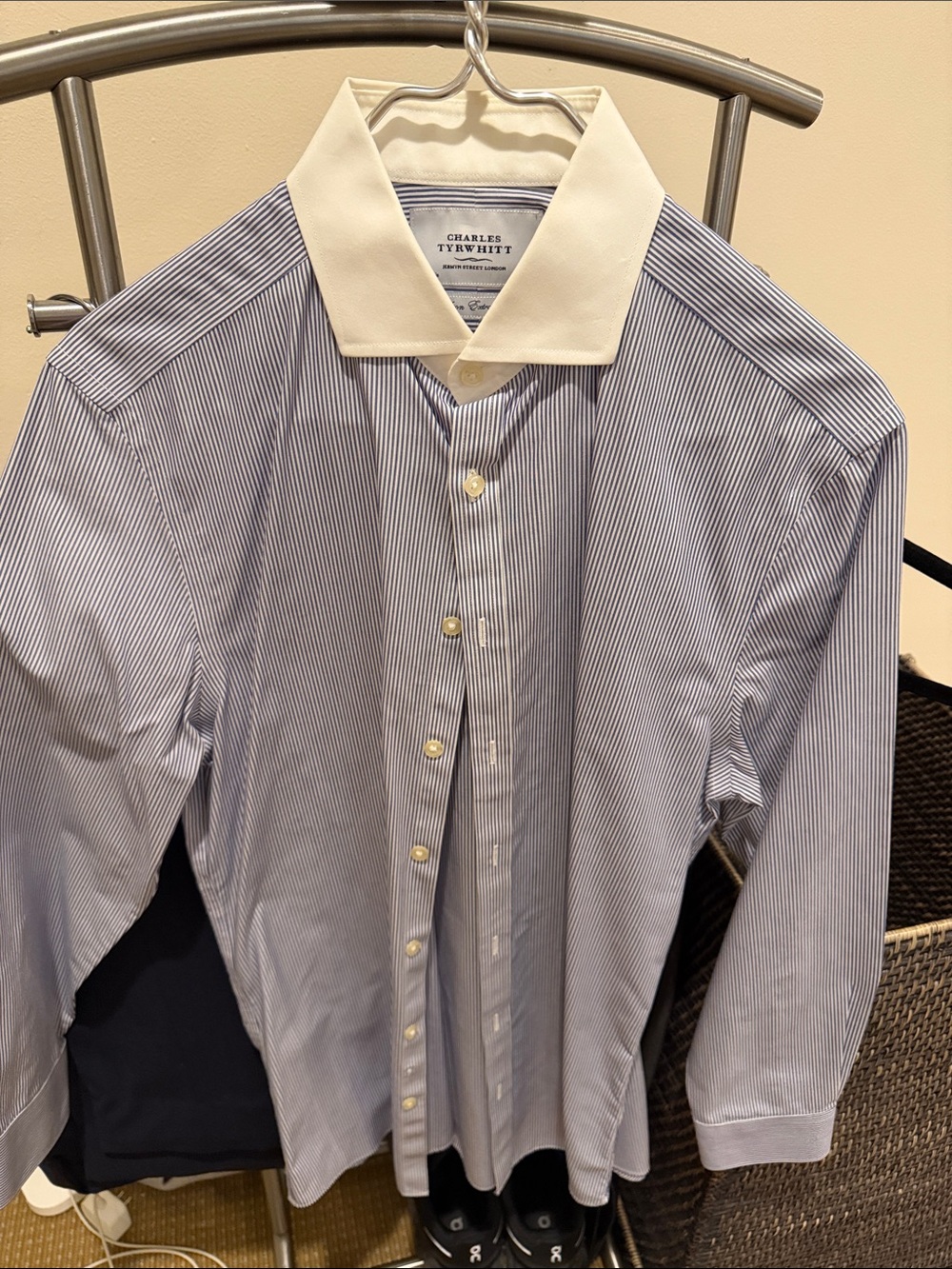 Charles Tyrwhitt Blue Pinstripe Dress Shirt with White Contrast Collar